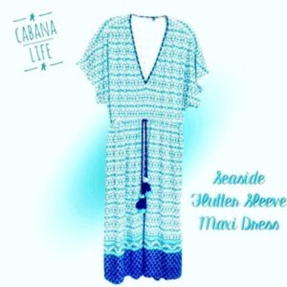 Seaside Flutter Sleeve Maxi Dress, UPF 50, watercolor blues, by Cabana Life,L/Xl